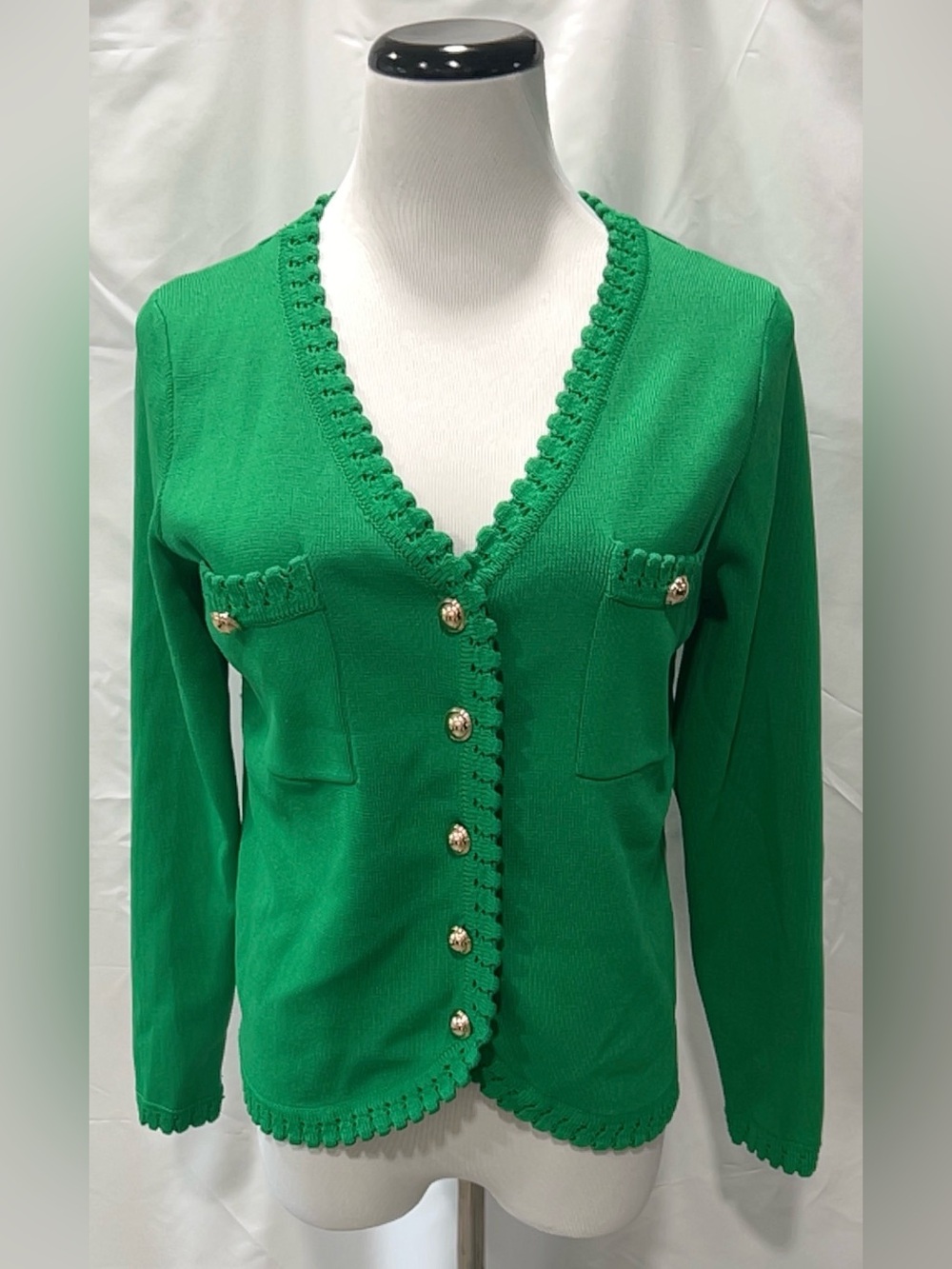Nanette Nanette Lepore Green Knit Cardigan Gold Buttons Pockets Women Medium